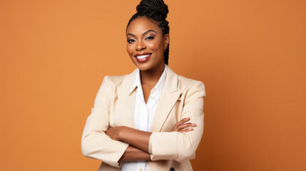 Poster - Confident businesswoman smiling at the camera, with her arms crossed, wearing a stylish peach blazer over a light blouse against an orange background.