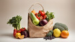 Paper bag full of vegetables and fruits on isolated solid background. Shopping bag with healthy food. space for text, banner design. concept of healthy eating and circular economy