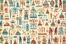 Colorful Egyptian Hieroglyphics Pattern On Beige Background