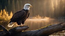 Bald Eagle Standing On A Log With Its Wings Spread, Sunlight Coming From Behind It
