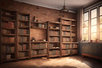 Wall Mural - An empty vintage room with charming little bookshelves and an  brick wall, creating a cozy and nostalgic atmosphere. 