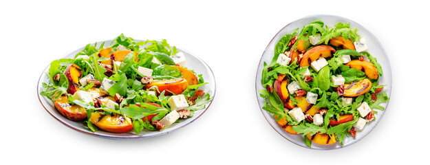 Wall Mural - Grilled Peach Salad with Blue Cheese, Pecans and Arugula on White Background