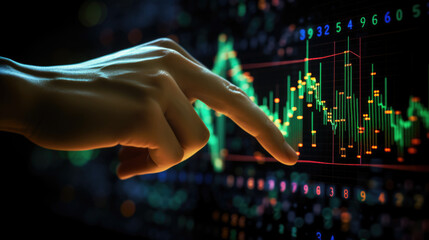 Wall Mural - Close-up of a hand pointing to a digital financial chart on an interactive touchscreen