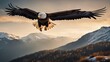 bald eagle flyin over mountains with wings spread, sunlight coming from behind
