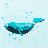 Ilustracja grafika niebieski wieloryb pod wodą.