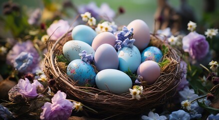 a basket filled with easter eggs with flowers in the grass,