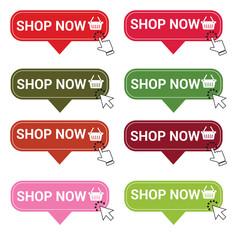 Poster - Shop now set of 8, Buy now button with shopping cart. Modern collection for web site. Online shopping. Click here, apply, buttons hand pointer clicking. Web design elements. Vector illustration