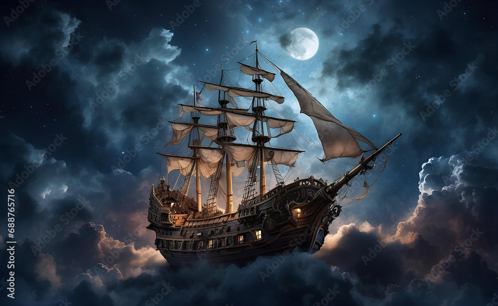 A pirate ship flying through the clouds in the night sky. Stock Photo ...