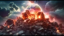 Planet on the top of the heap of garbage in the fire. Concept of the Earth drowning in the tons of plastic and rubbish