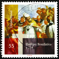 Wall Mural - Postage stamp Germany 2004 Saint Boniface, the Apostle of the Germans, patron saint of Germany and the first archbishop of Mainz
