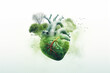 Illustration d'un coeur avec des plantes, arbres, feuilles. Santé, médical, corps. Écologie, nature. Pour conception et création graphique.