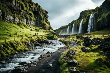 Poster - Landscape formed by very high waterfalls and green vegetation. Romantic landscape. AI generated