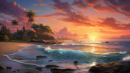 Wall Mural - A beautiful beach scene at sunset, with calm waves and a colorful sky. ai generated.
