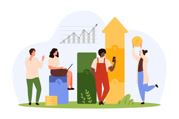 Wall Mural - Business investment, company finance success vector illustration. Cartoon tiny people invest money, profit growth of investors on statistic graph with up arrow, financial data analysis and analytics