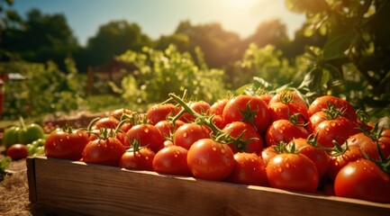 Wall Mural - a wooden box full of tomatoes in the garden,