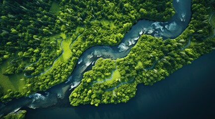 aerial view of a river flowing in middle of a forest,
