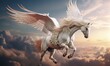 A majestic Pegasus with vibrant wings is soaring in the sky at sunset among fluffy clouds