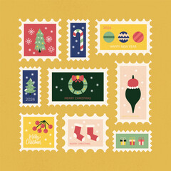 Wall Mural - Winter New Year Christmas Postal Stamps. Vector Illustration! Winter Holidays. Seasonal Greetings.