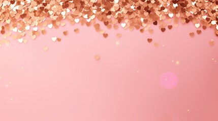 Wall Mural - Golden confetti and pink hearts on a pink background, copy space. Background of Valentines day concept.