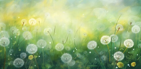 Wall Mural - green field of dandelions background,