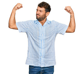 Sticker - Handsome young man with beard wearing casual fresh shirt showing arms muscles smiling proud. fitness concept.