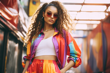 Wall Mural - Fashion, style, make-up concept. Beautiful girl model posing with colorful clothing. 90's style outfit. Vivid colors