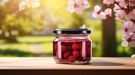 Wall Mural - jar of cherry jam with blank front realistic on a mockup template in a wooden table in a summer garden