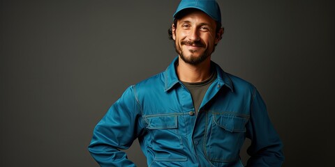 a smiling repair man in mechanic overalls