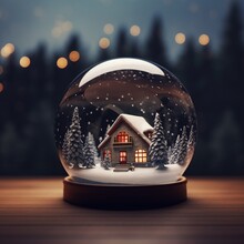 Beautiful Digital Illustration Of A Snow Globe In A House, On A Wooden Table, At Night, Pine Trees And Snowflakes, Golden Lights In The Blurred Background, Magic Of Miniature World, Lovely Cottage