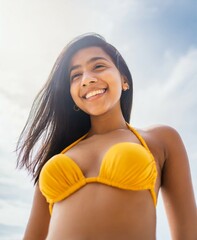 Wall Mural - Indian brunette young model smiling, enjoy at the beach on summer vacation