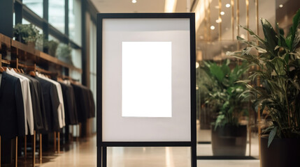 poster image with blank front ealistic on a mockup template in a brick wall in a luxury modern clothing shop,