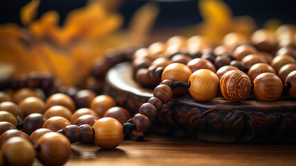 wooden beads of different color on a dark background.