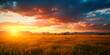 The warm hues of the sunset over the vast plains create a serene and expansive scene.