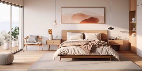 bedroom with clean lines, natural materials, and soft, neutral tones.