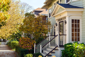 Wall Mural - Glass-enclosed front entry of a house in an autumn day, Boston, MA, USA 