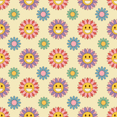Wall Mural - flower seamless pattern with groovy daisies in trendy retro 70s style. vector illustration