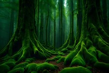 An Ancient Forest With Towering, Moss-covered Trees And Dense Undergrowth