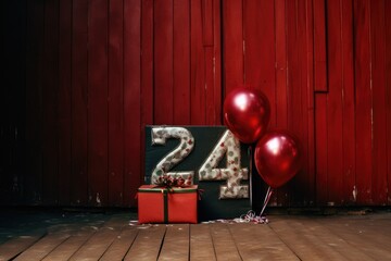 Aufkleber - A red box with two red balloons next to it. Perfect for birthday celebrations or gift-giving occasions