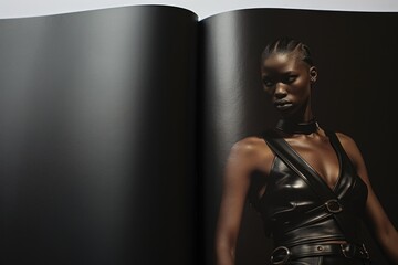 Poster - A woman wearing a leather dress stands in an open book. This unique image can be used to depict creativity, imagination, or the concept of exploring new worlds