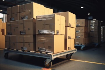 Poster - A dolly truck with boxes on it in a warehouse. Versatile image for various business and logistics concepts
