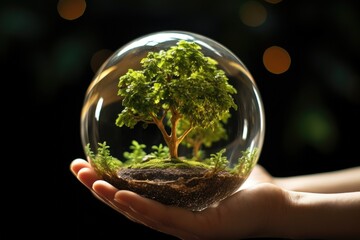 Poster - A person holding a glass ball with a tree inside. This image can be used to represent nature, growth, or the concept of capturing a moment