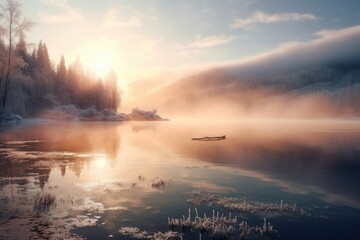 Poster - A serene image of a boat peacefully floating on top of a lake, surrounded by a lush forest. Perfect for nature lovers or travel enthusiasts.