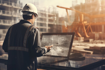 Wall Mural - A man wearing a hard hat is focused on a computer screen. This image can be used to illustrate concepts related to technology, construction, engineering, or work safety