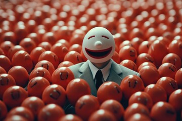 Poster - A man wearing a suit and tie standing amidst a circle of oranges. This image can be used to depict success, abundance, or a healthy lifestyle