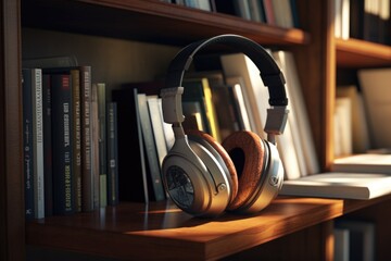 Leinwandbilder - Headphones sitting on a wooden shelf. Ideal for music or audio-related projects