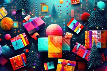 Aufkleber - Colorful boxes and Christmas trees in a festive display. Perfect for holiday decorations and gift-giving.