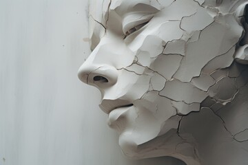 Poster - A detailed close-up of a sculpture depicting the face of a woman. Ideal for art enthusiasts or those looking for a unique decorative piece