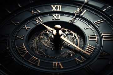 Poster - A close-up view of a clock with Roman numerals. This image can be used to depict time management, punctuality, or the passing of time