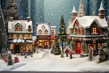 Aufkleber - A charming miniature Christmas village covered in snow. Perfect for holiday decorations and festive displays