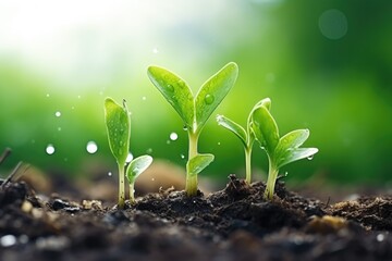 Poster - A group of young plants emerging from the soil, showing signs of growth and life. This image can be used to depict concepts of renewal, nature, gardening, or environmental sustainability
